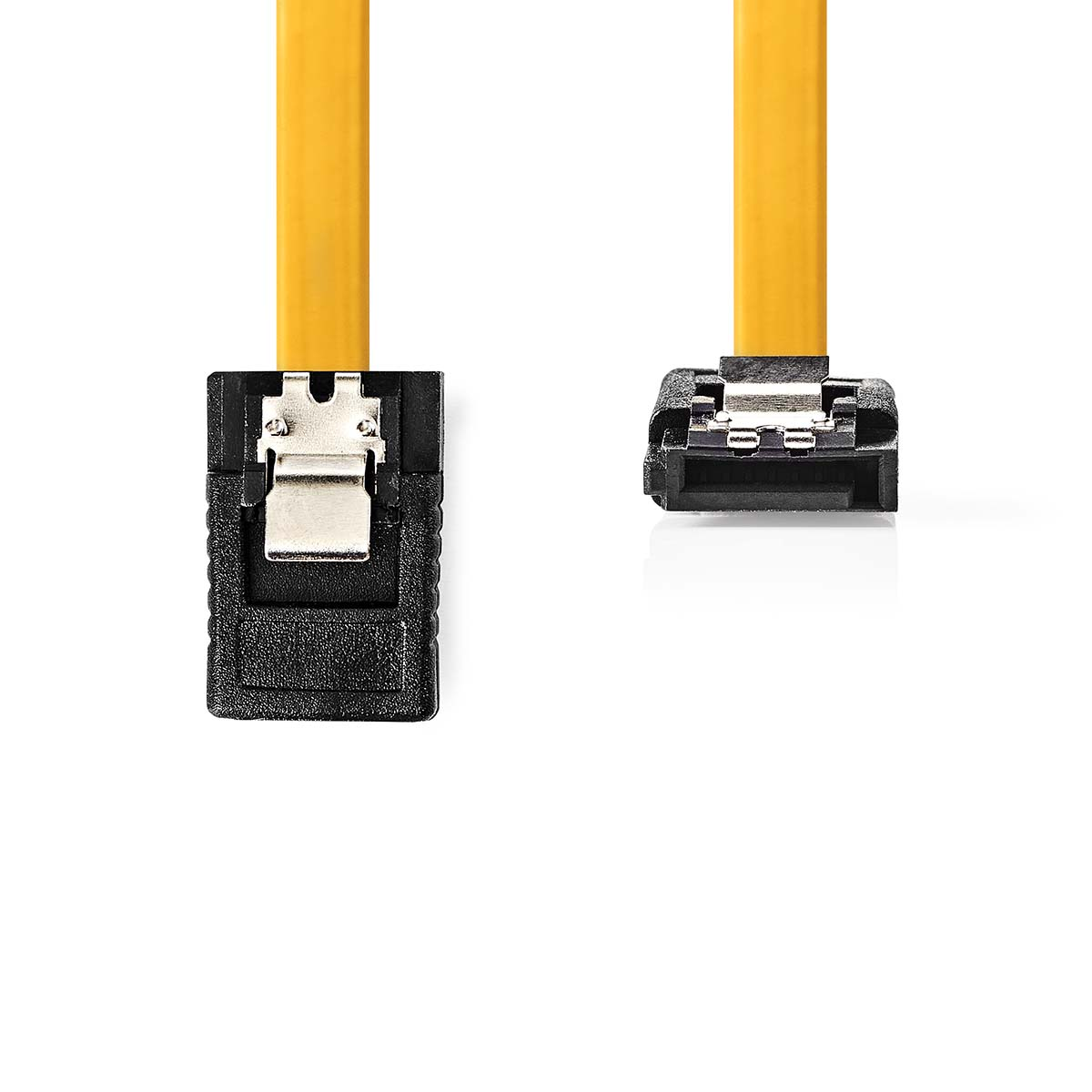 Zwei gelbe Kabel mit schwarzen Steckern auf weißem Grund.
