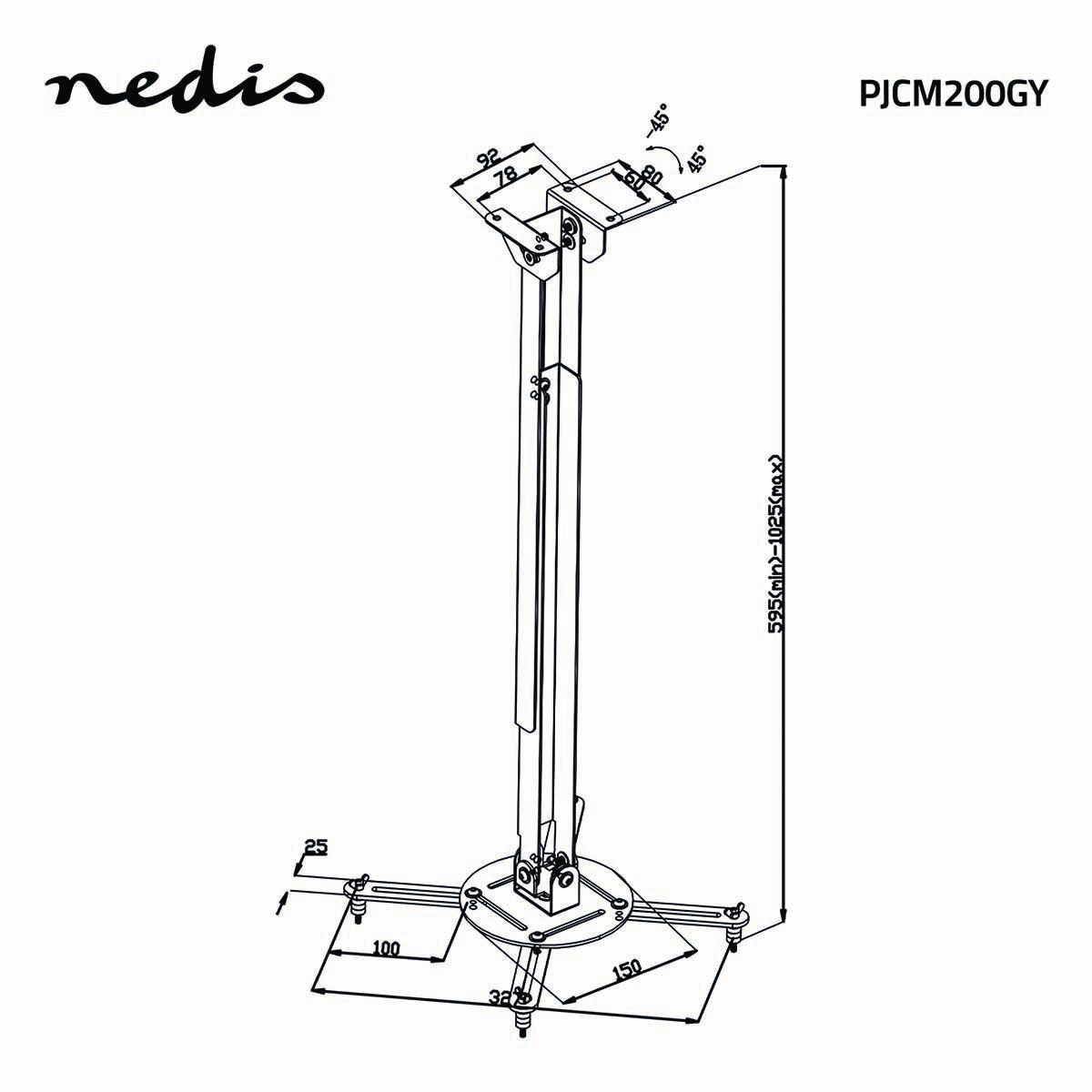 Technical drawing of a projector mount. Shows dimensions and labels with a 'nedis' logo.