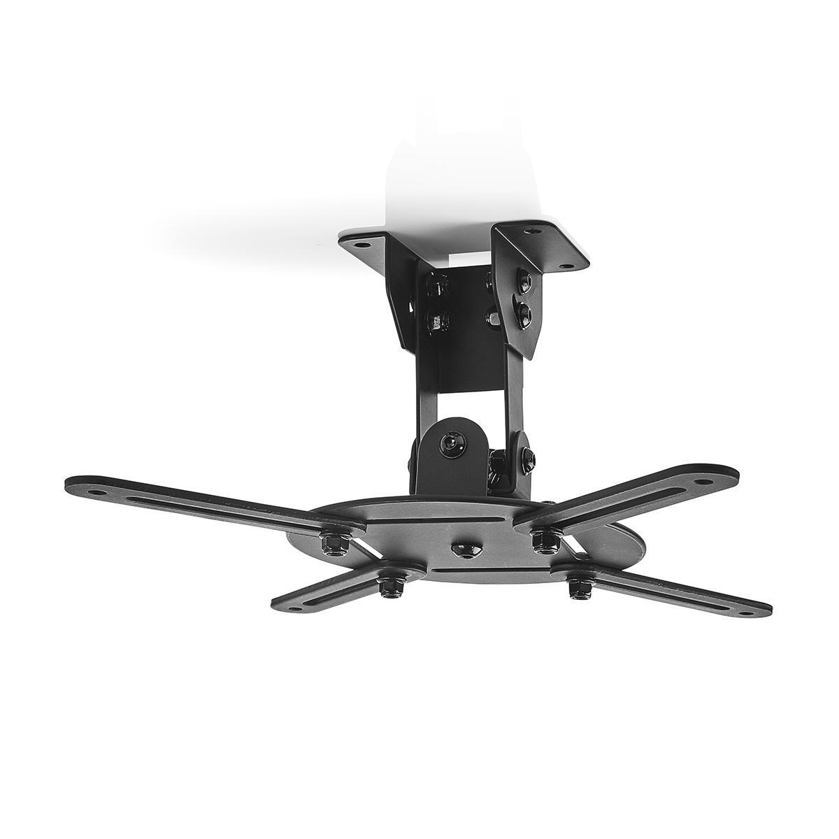 A black projector mount attached to a white ceiling. The mount has multiple adjustable arms.