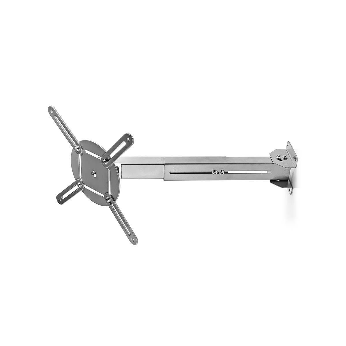 Silver TV bracket with a mounting plate and adjustable arm, viewed from above on a white background.