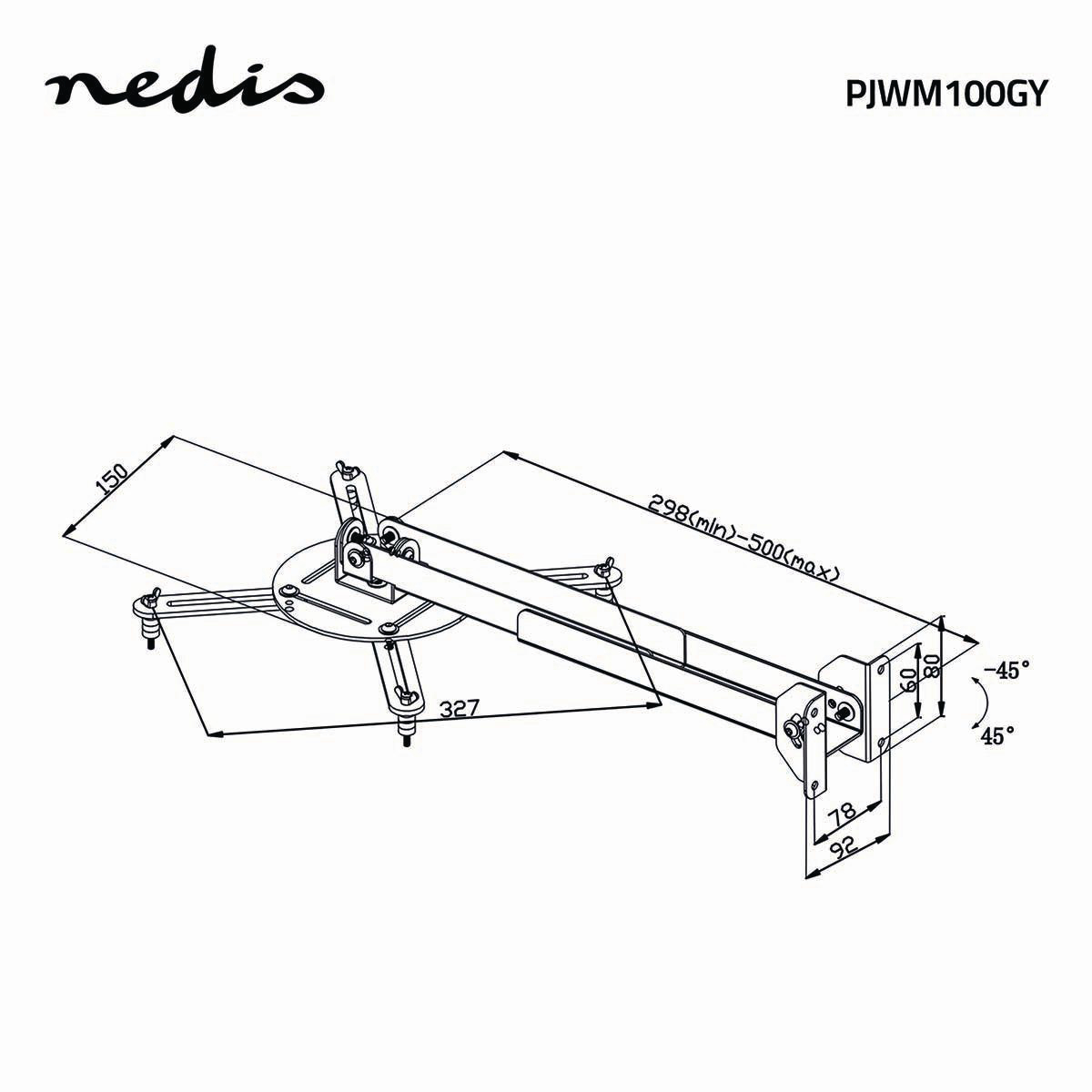 Technical drawing of a projector mount. It includes dimensions, angles, and the Nedis logo.