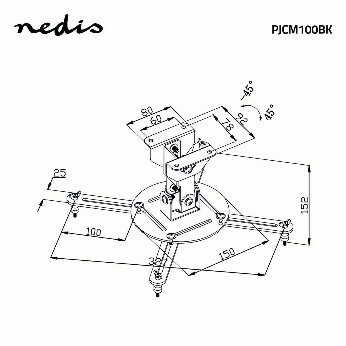 Technical drawing of a projector mount with measurements, angles, and dimensions in black lines on white.