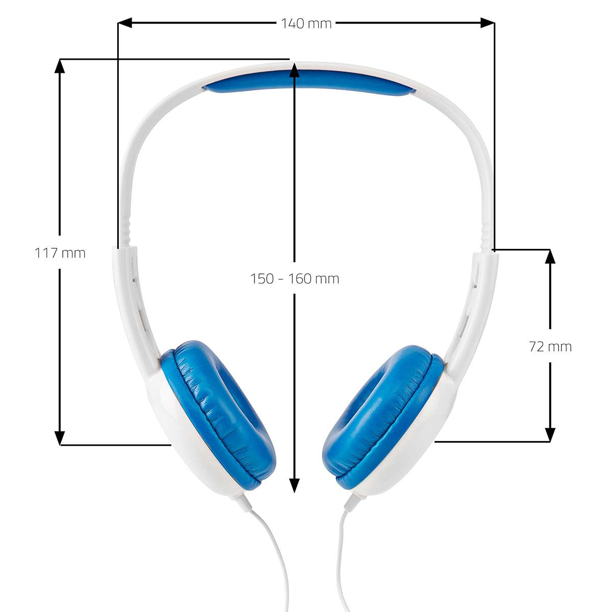 Weiß-blaue Kopfhörer mit Messungen in Millimetern, die Kopfhörer sind von oben gesehen.