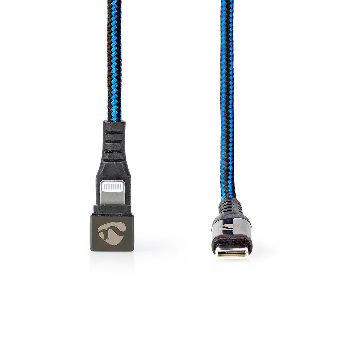 Câble de charge tressé noir et bleu. Port Lightning à une extrémité, USB-C à l'autre. Blanc.