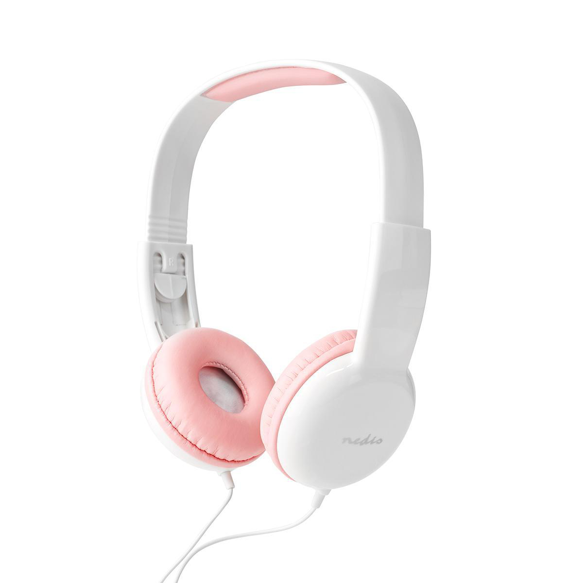 Weiße Kopfhörer mit rosa Ohrmuscheln. Weißes Kopfband. Weißes Kabel. Isoliert auf Weiß.