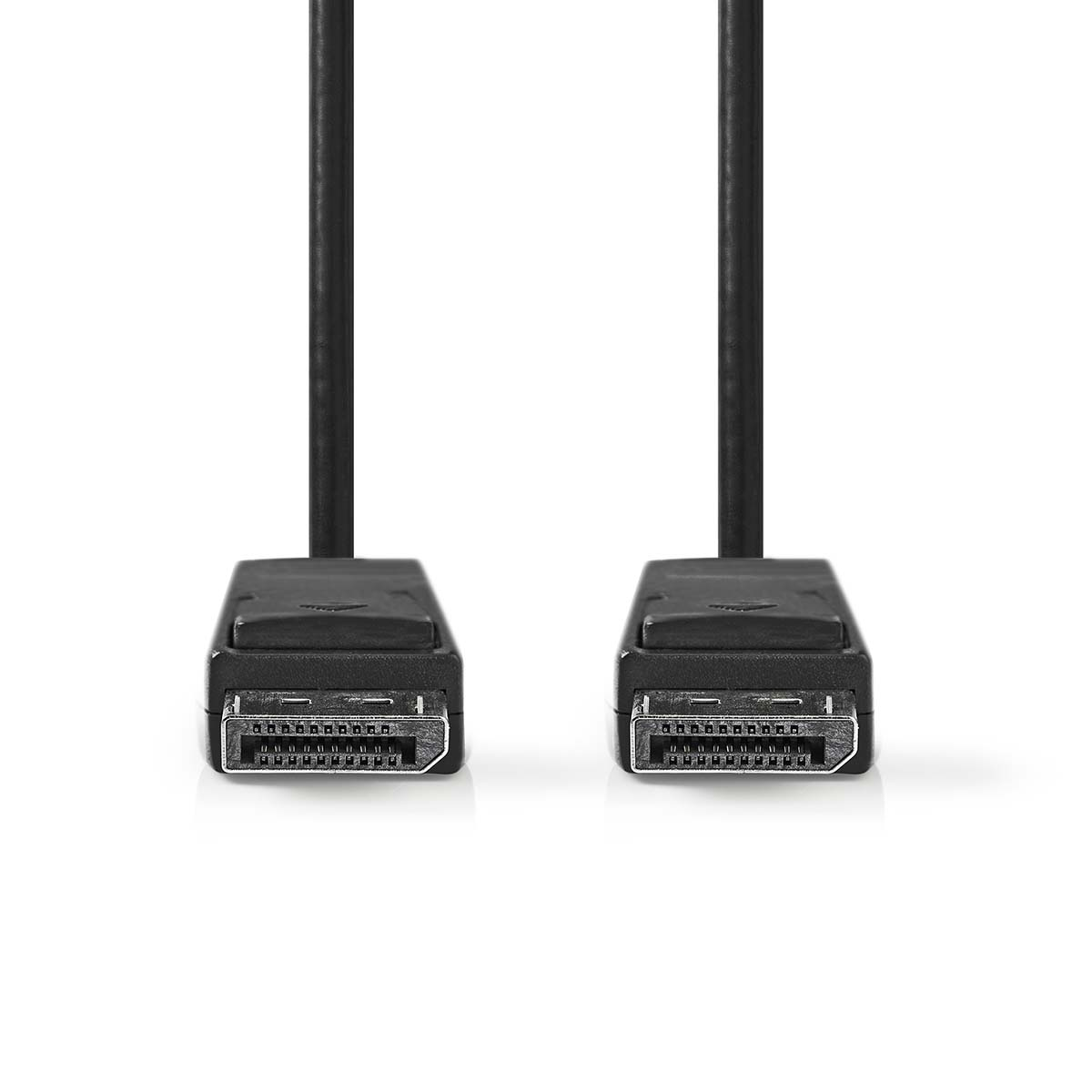 Zwei schwarze DisplayPort-Kabel mit Anschlüssen. Kabel liegen flach auf weißem Hintergrund.