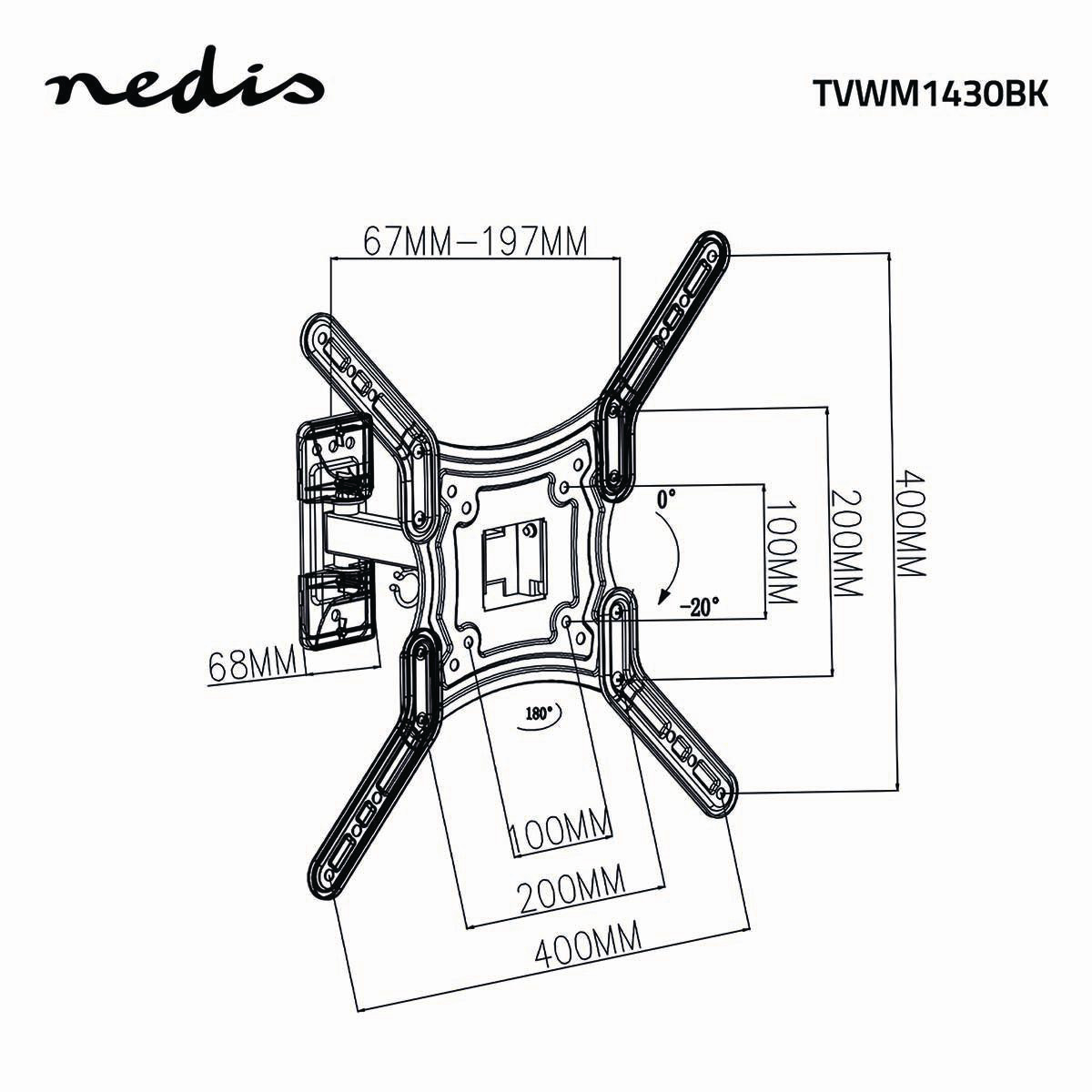 Diagramme noir et blanc d'un support mural TV avec dimensions et angles. Avec le logo Nedis et le numéro de modèle, incluant les mesures en mm.