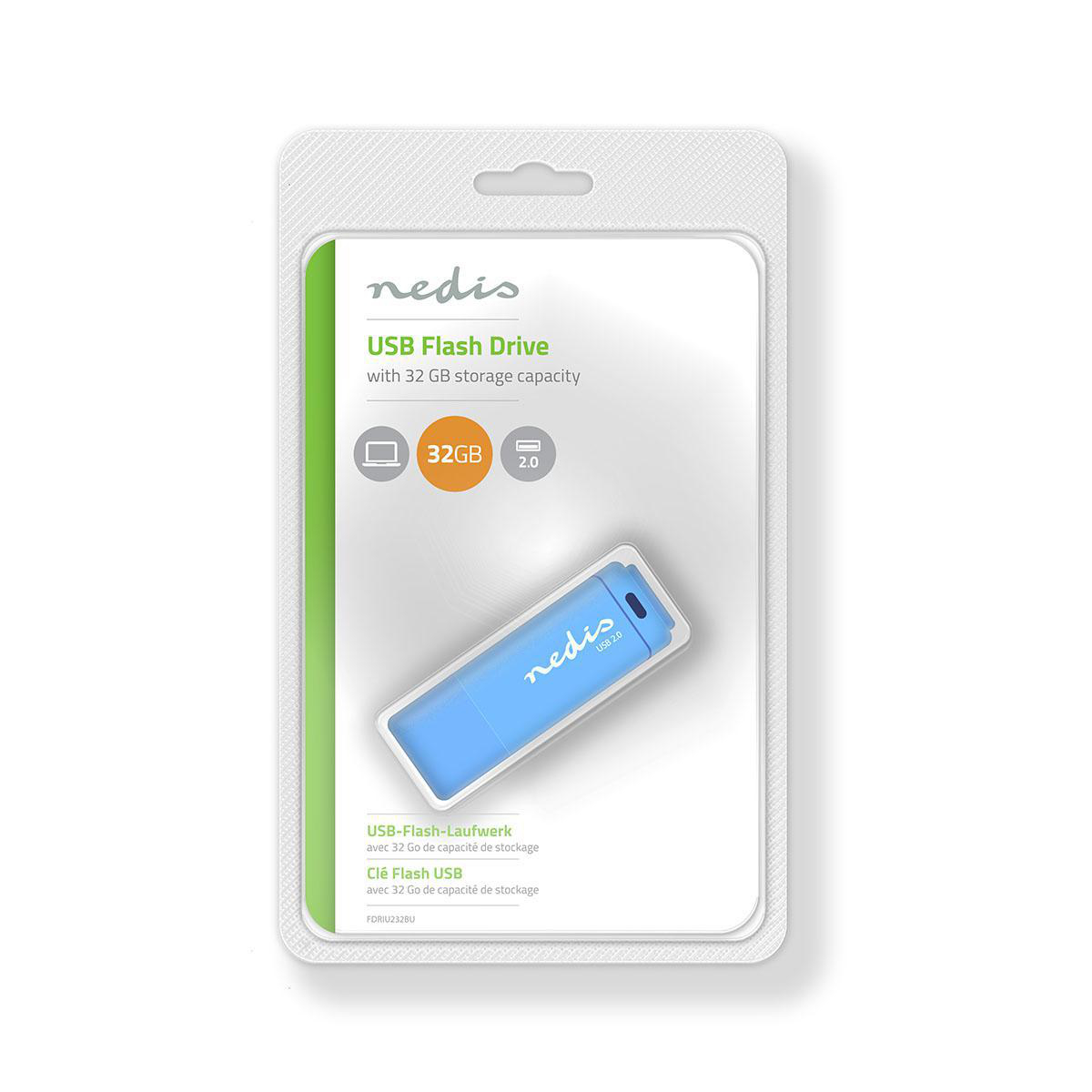 Pen drive USB Nedis da 32 GB blu, USB 2.0, confezionato.