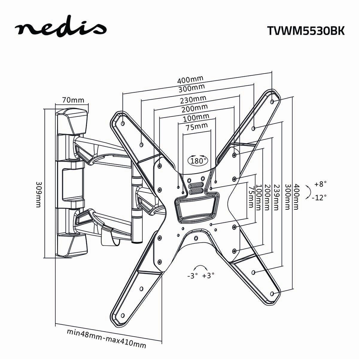 Zwart tv-wandmontagediagram met afmetingen. Inclusief het Nedis-logo, modelnummer en graden.