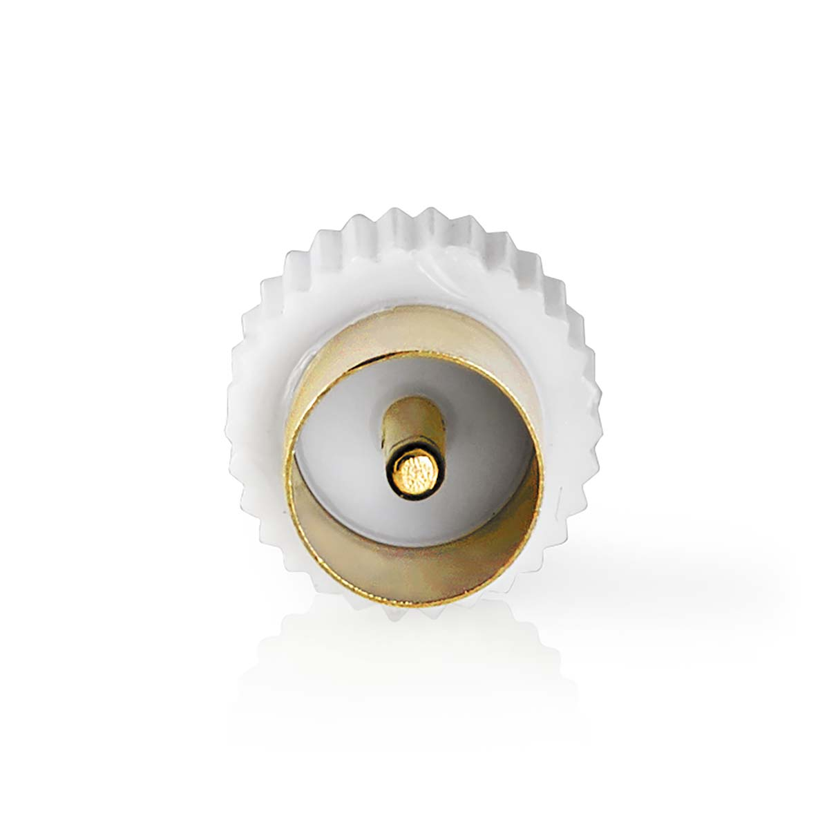 Ein weißer und goldener RF-Stecker vor weißem Hintergrund.