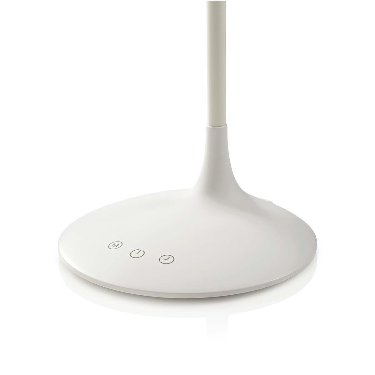 Una lampada da scrivania bianca con una base circolare e un collo sottile. La base ha tre pulsanti touch.