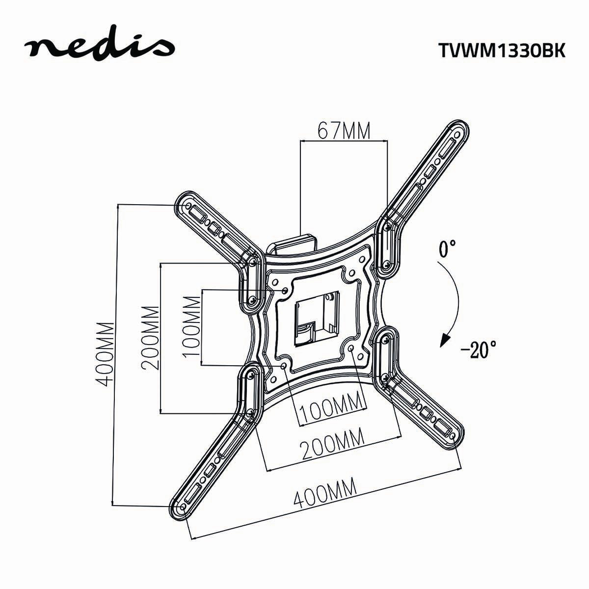 Supporto da parete TV nero con dimensioni e angoli. Include diagrammi per le misure. Sfondo bianco.