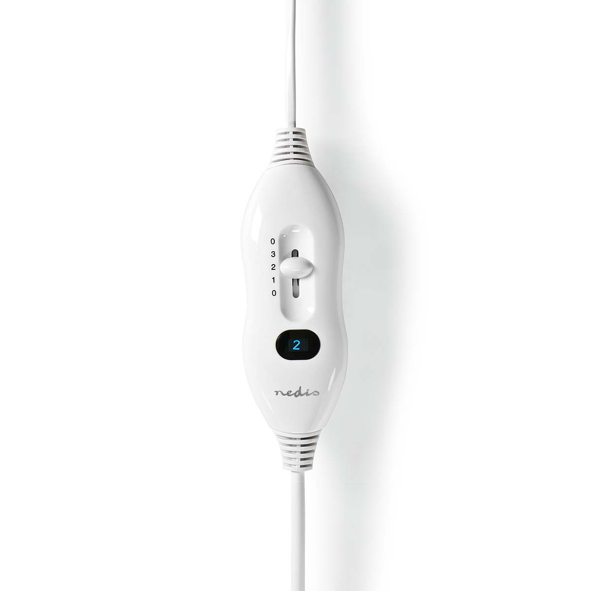 Biały regulator koca elektrycznego z pokrętłem od 0-3 i podświetlaną na niebiesko liczbą 2.