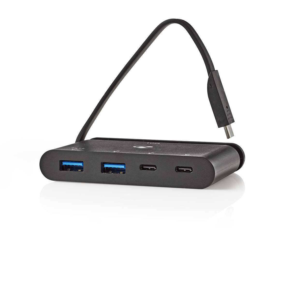 Schwarzer USB-Hub mit drei USB-Anschlüssen, zwei USB-C-Anschlüssen und einem USB-C-Kabel.