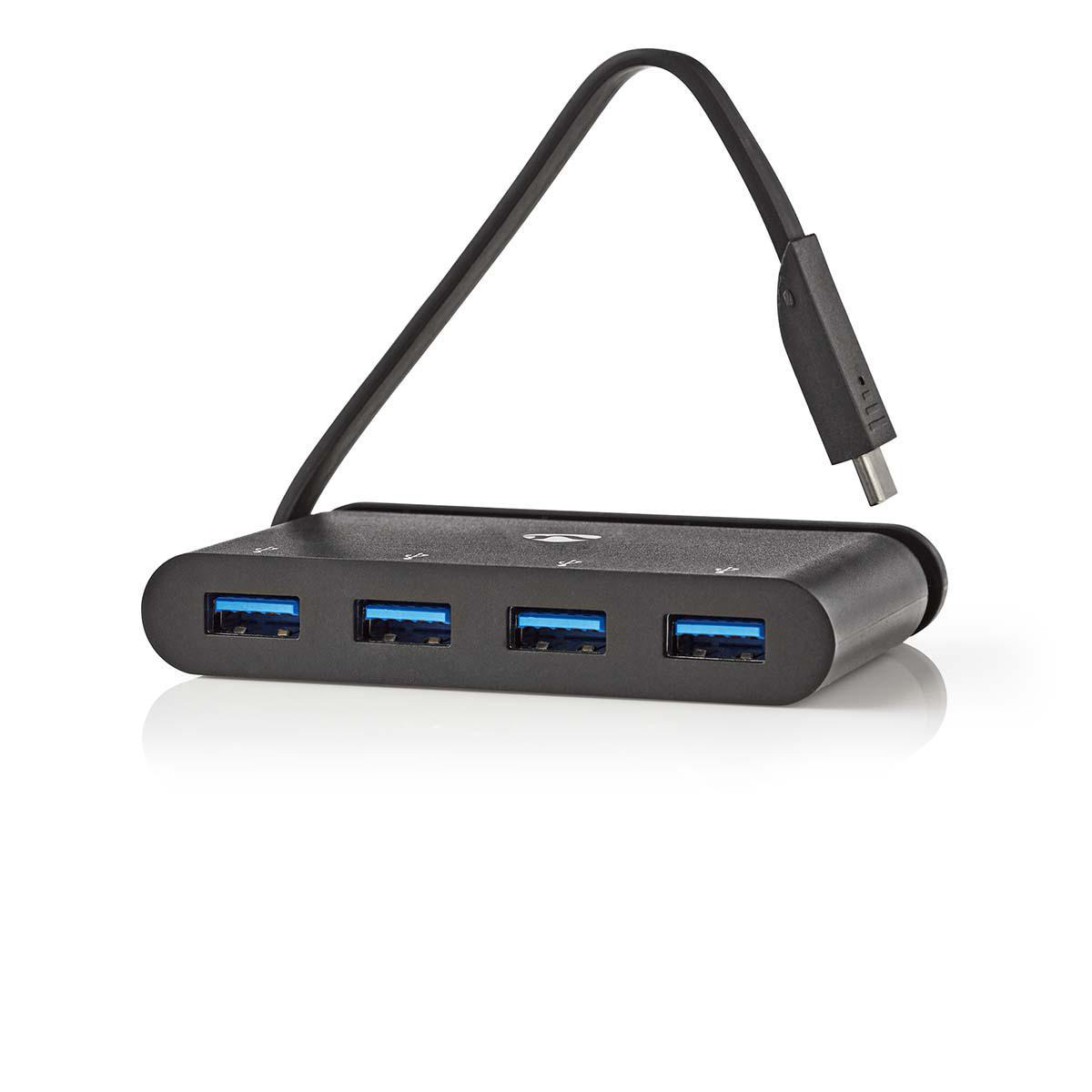 Schwarzer USB-Hub mit vier Anschlüssen, einem schwarzen Kabel und einem USB-A-Stecker.