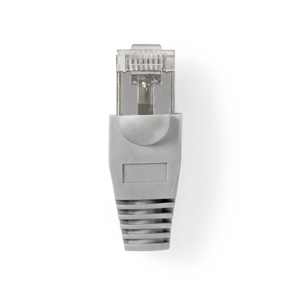 Grijze RJ45-connector met transparante kop. Met grijze trekontlasting.
