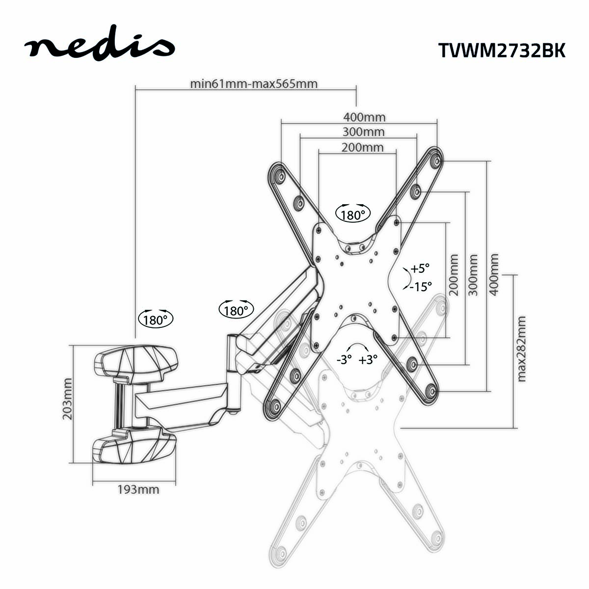 Diagramma di un supporto a parete per TV. Mostra dimensioni, angoli e intervalli di regolazione. Il marchio "nedis" è visibile.