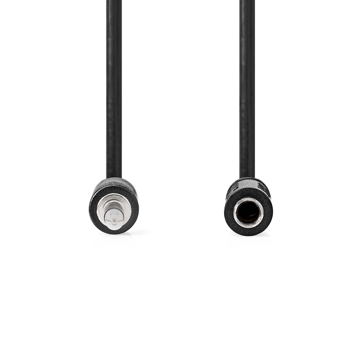Zwei schwarze Kabel mit silbernen Enden. Eines hat ein Loch, das andere einen Stift, auf weißem Hintergrund.