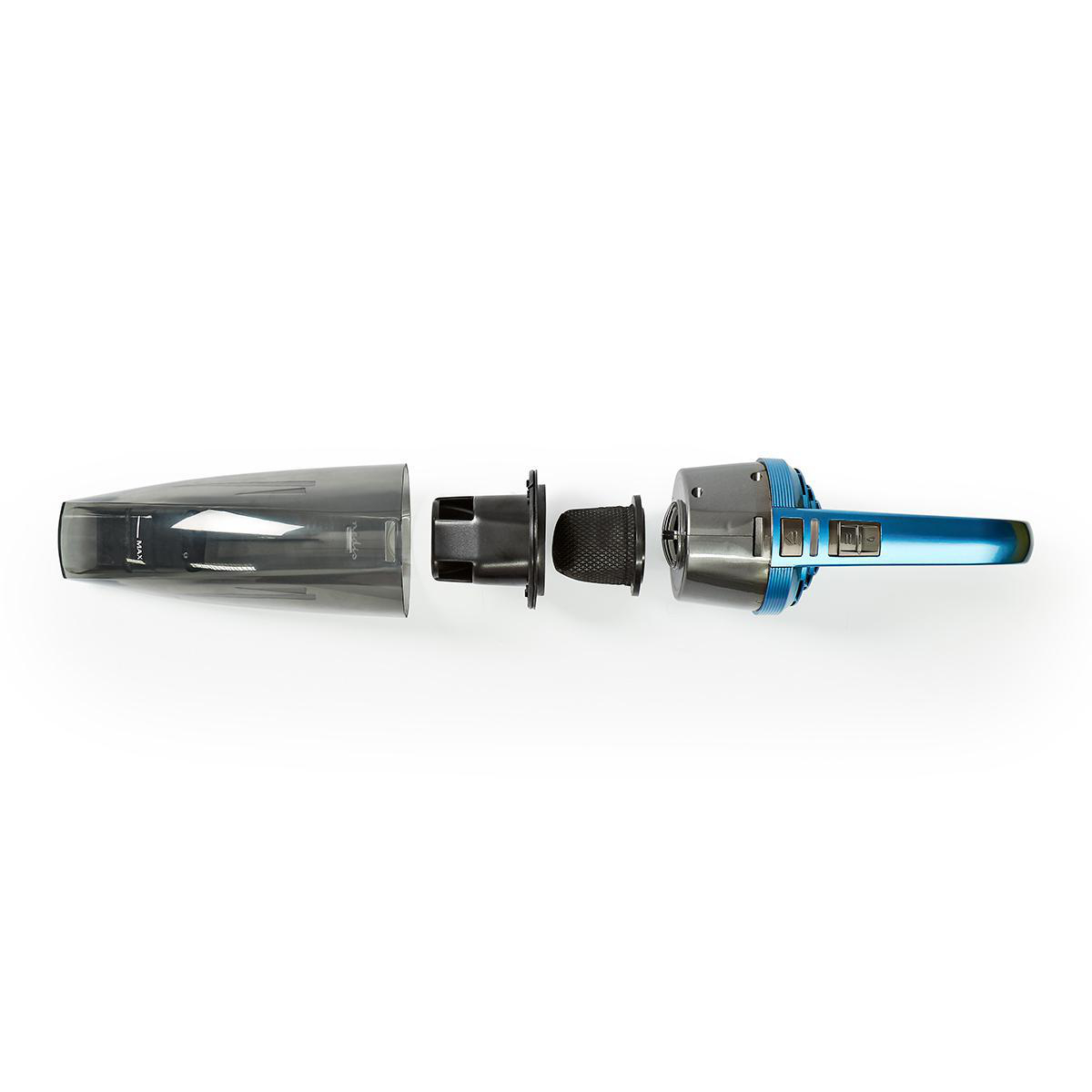 Disassembled blue vacuum cleaner with parts in a row on white background.
