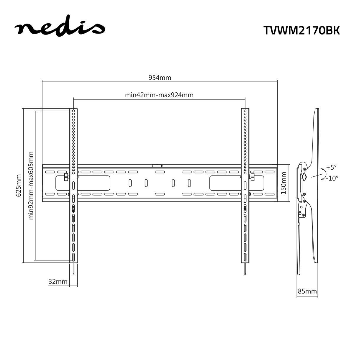 Schéma d'un support mural TV avec dimensions en mm. Inclut mesures largeur, hauteur et angles d'inclinaison. Logo 'nedis'.