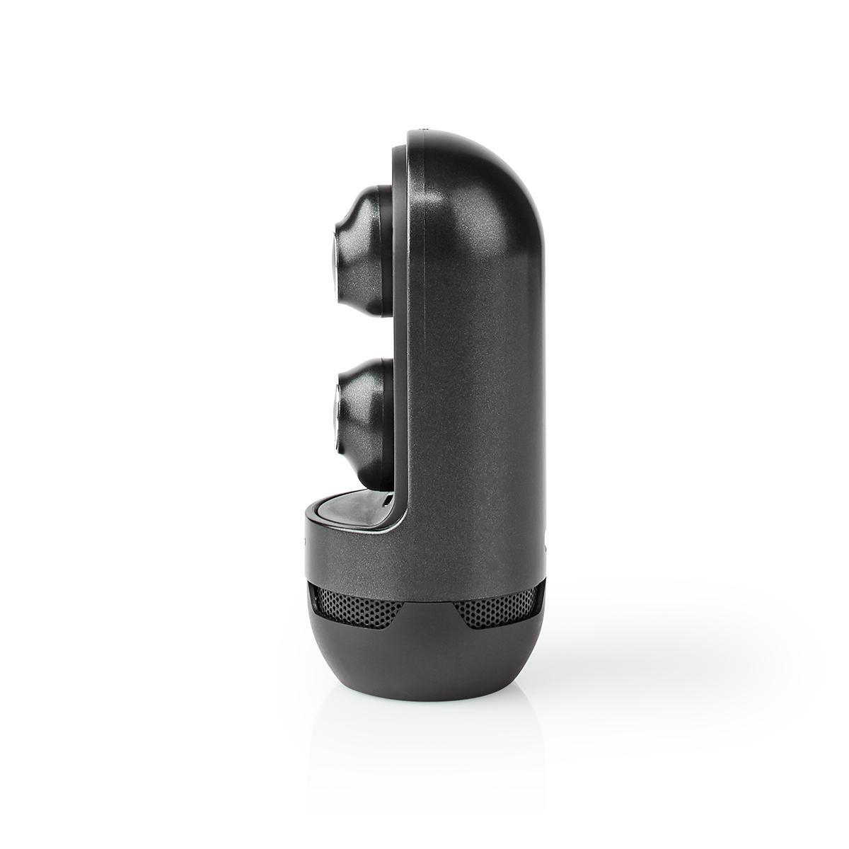 Custodia di ricarica per auricolari wireless nera. Due auricolari sono visibili, angolati a sinistra.