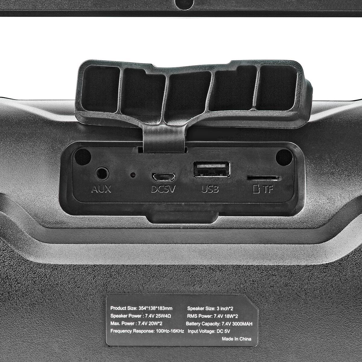Zbliżenie na tył czarnego głośnika z portami (AUX, DC5V, USB, TF) i specyfikacjami.
