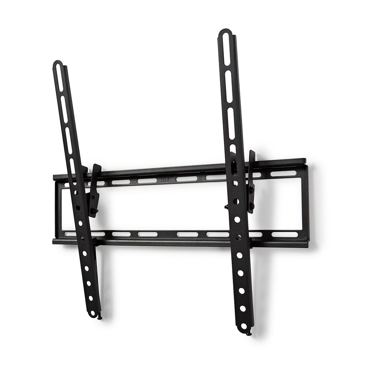 Un support mural TV noir sur fond blanc. Il possède deux barres verticales et un cadre horizontal avec des trous de vis.