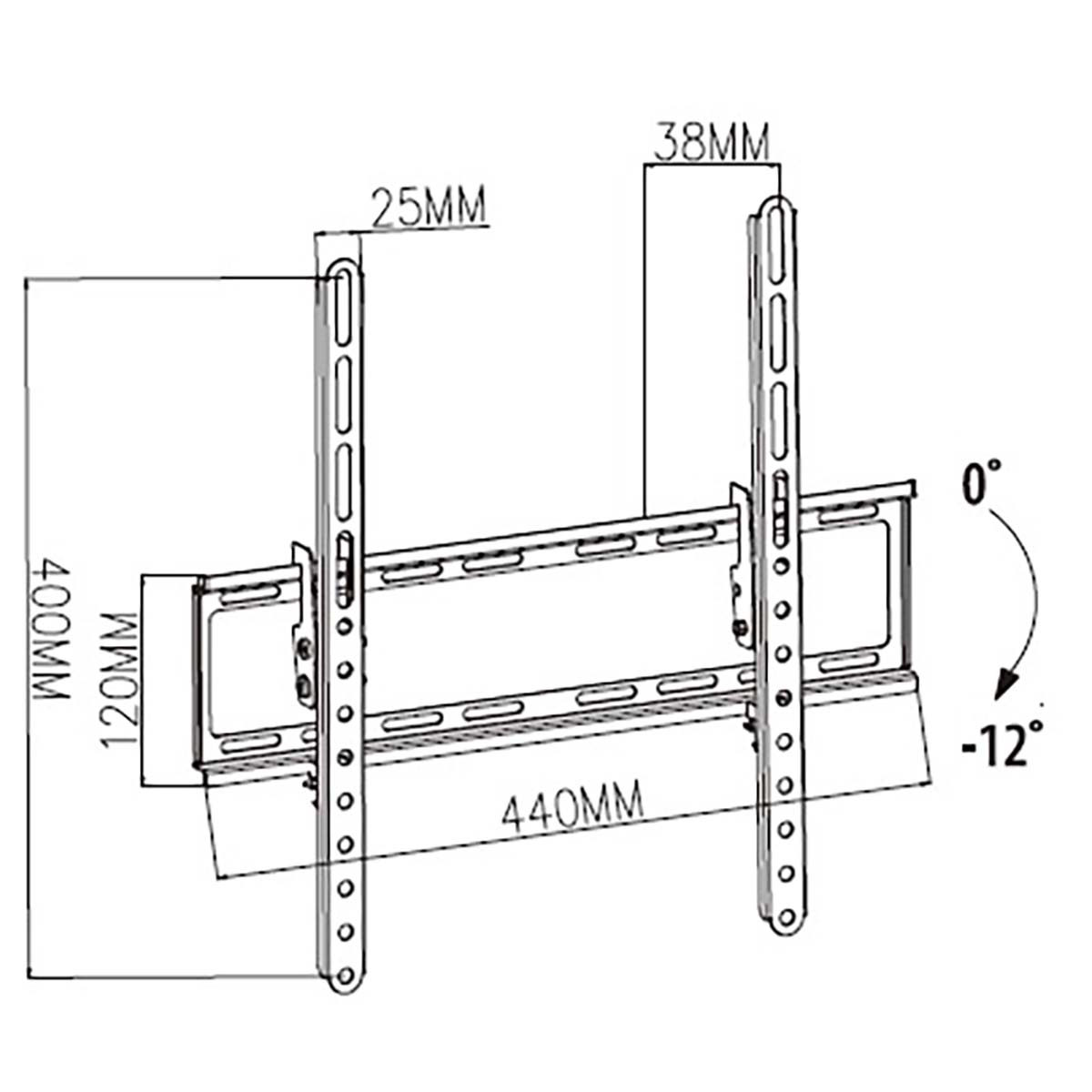 Schéma d'un support mural TV. Dimensions : 400 mm, 120 mm, 440 mm, 25 mm, 38 mm. Plage d'angle de 0° à -12°.