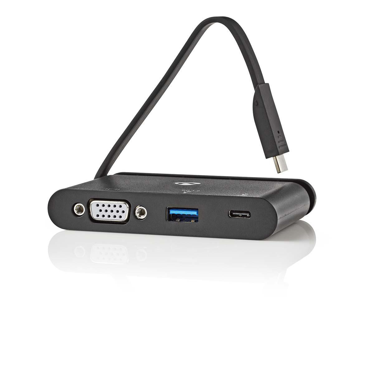 Schwarzer USB-C-Hub mit mehreren Anschlüssen und einem schwarzen Kabel.