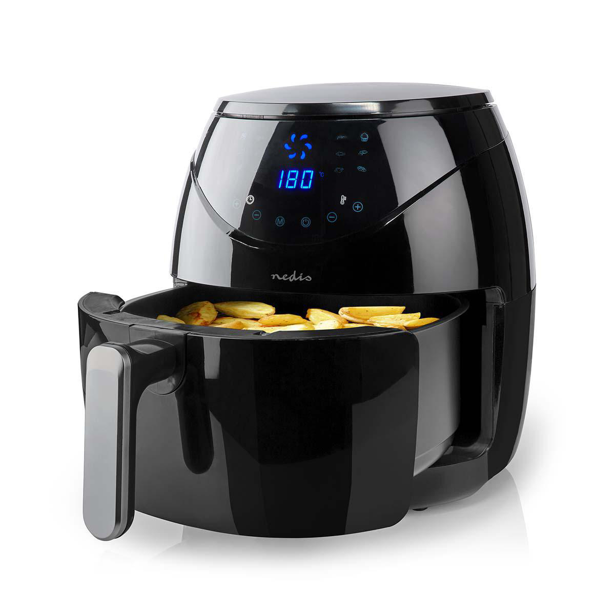 Friggitrice ad aria nera con patatine fritte all'interno. Mostra un display digitale con 180 gradi.