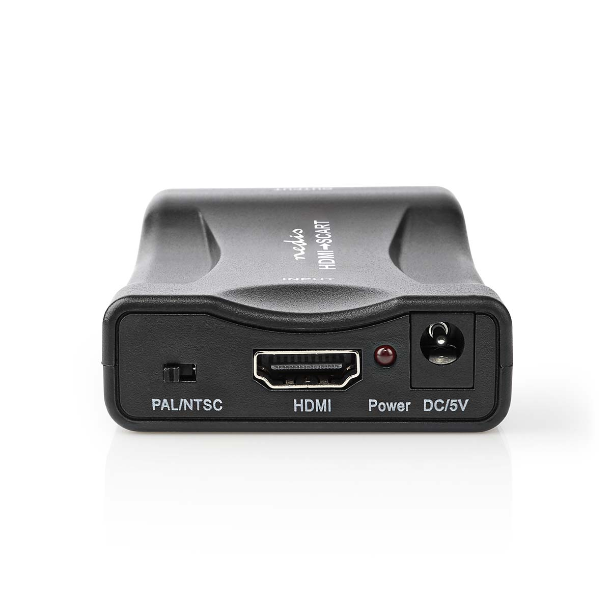 Adattatore da HDMI a SCART nero con porte e pulsanti.