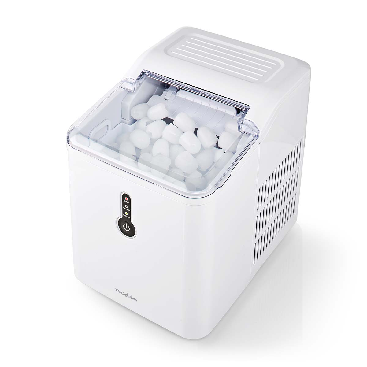 Fabbricatore di ghiaccio bianco con coperchio aperto, pieno di cubetti. Pulsanti frontali.