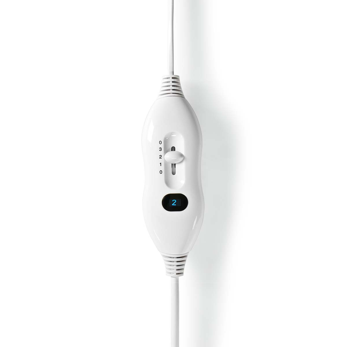 White control panel of an electric blanket with a slider, on a white background.