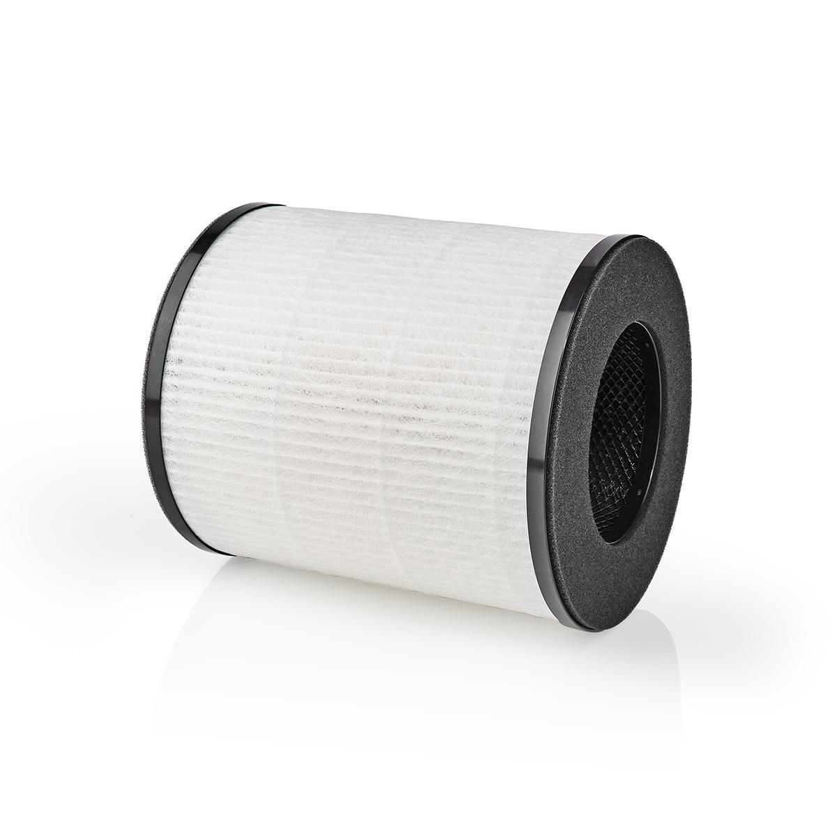 Cilindrisch wit luchtfilter met zwarte randen.