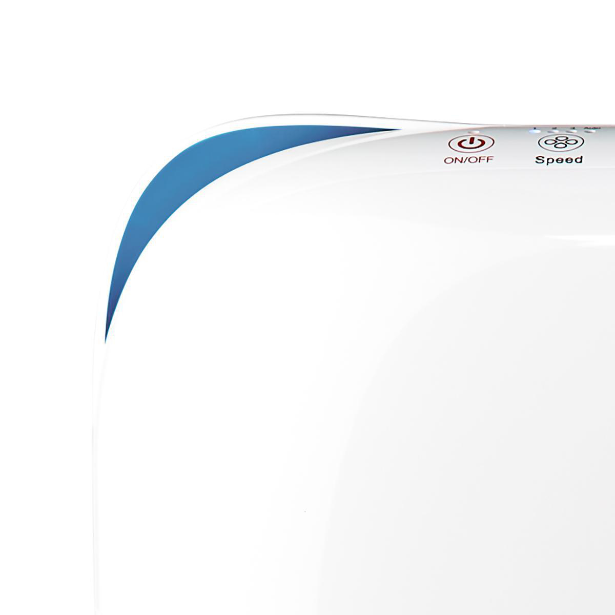 Dispositivo bianco con una linea curva blu. Ha pulsanti di accensione/spegnimento e velocità.