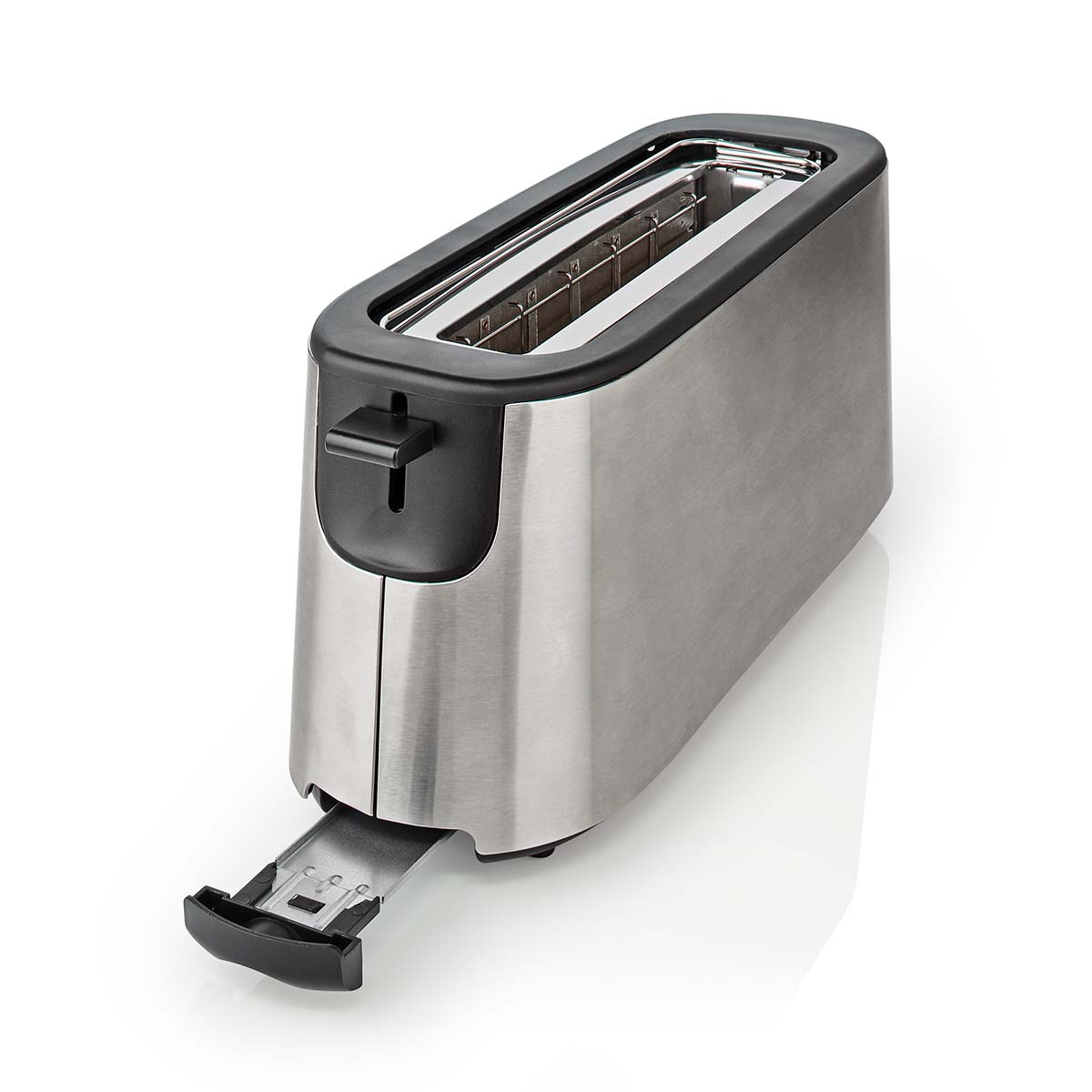Toaster aus Edelstahl mit geöffneter Krümelschublade.