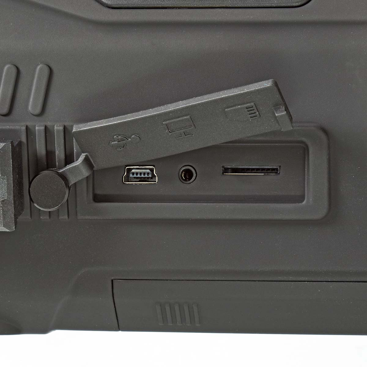 Nahaufnahme der Anschlüsse eines schwarzen Lautsprechers: USB, Audioeingang und SD-Kartensteckplatz.