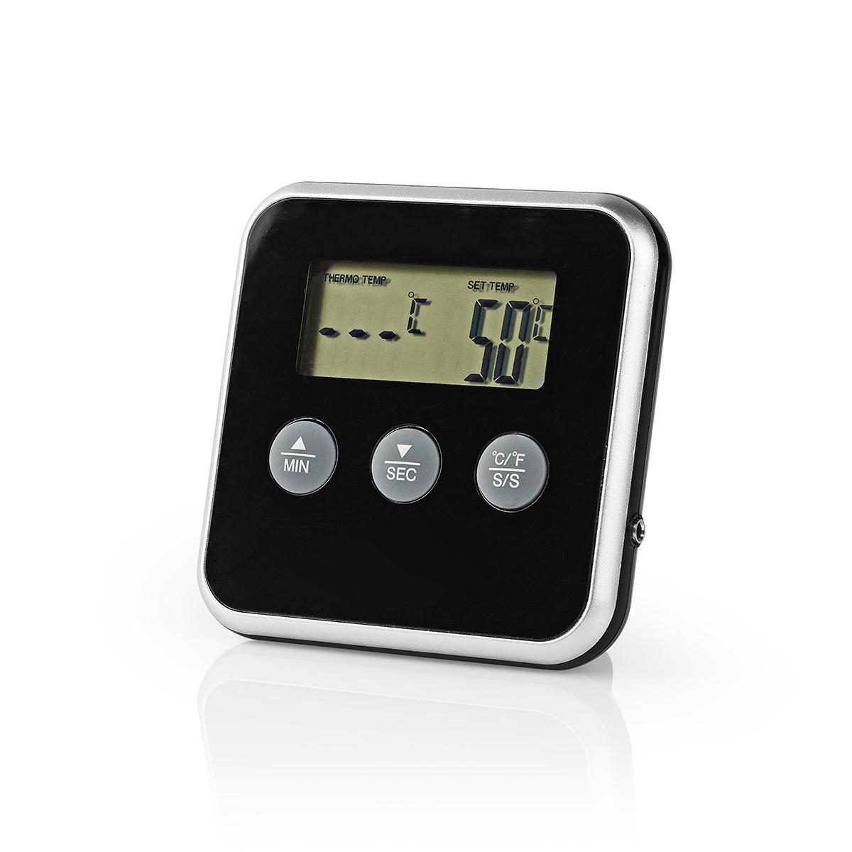 Timer termometro digitale nero con tre pulsanti e schermo LCD.