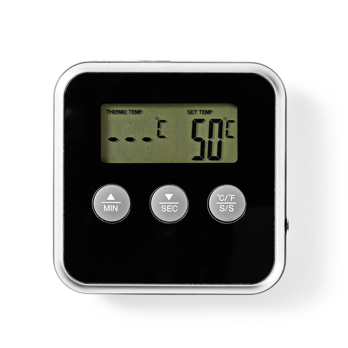 Un timer digitale con quadrante nero e cornice argentata, che mostra 50°C.