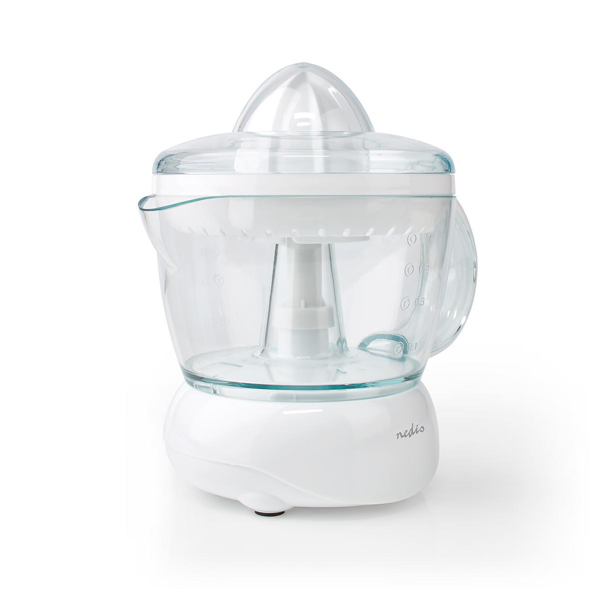 Biała wyciskarka do cytrusów z przezroczystym pojemnikiem i białą podstawą. Znajduje się na białej powierzchni.