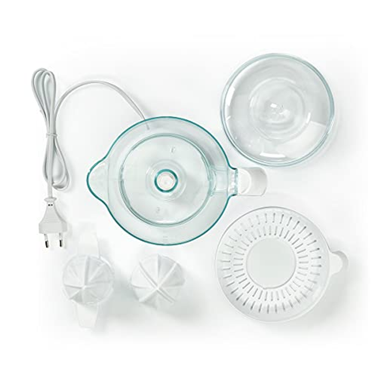 Zdemontowane części wyciskarki, w tym pojemnik, pokrywa i elementy wyciskarki, białe tło.