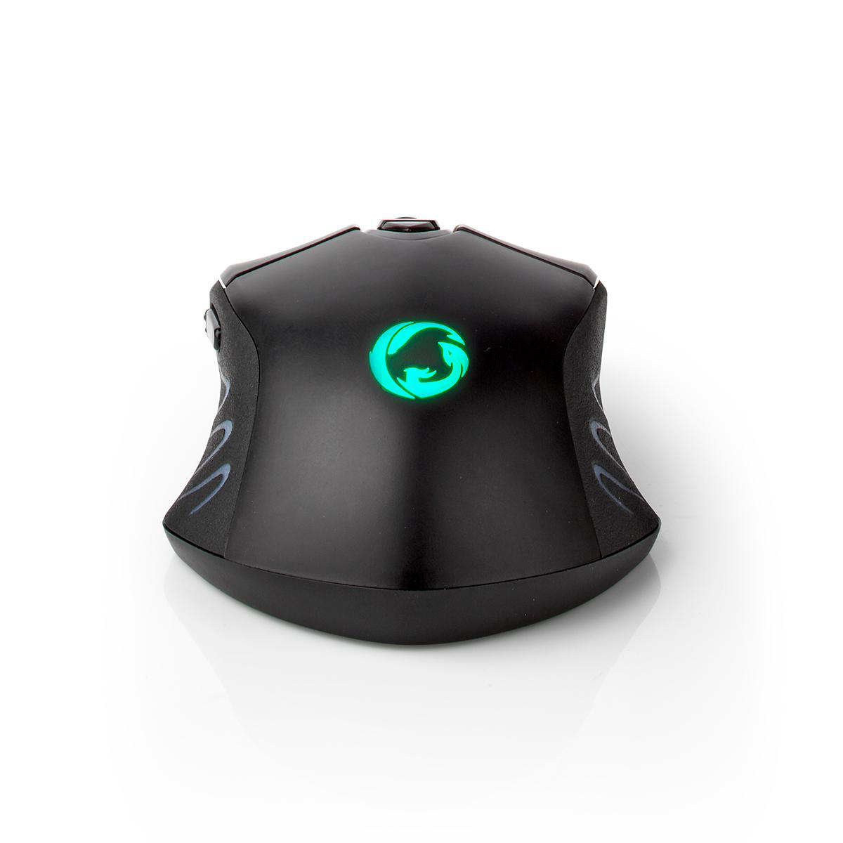 Mouse da gioco nero con logo verde brillante. Sfondo bianco.