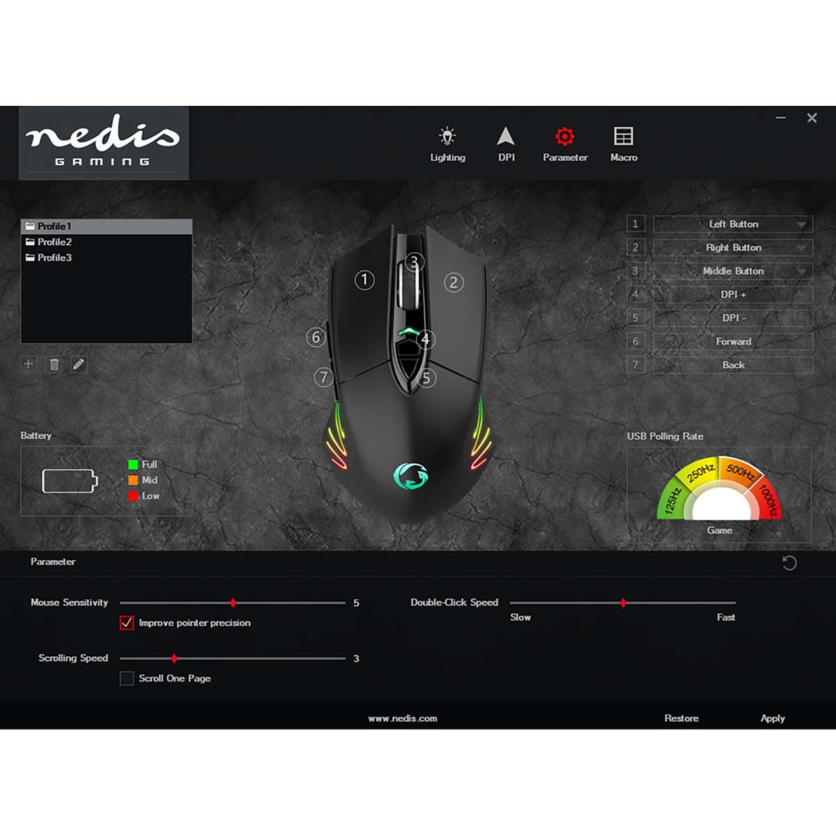 Mouse da gioco nero con interfaccia software. Mostra profili, DPI e impostazioni di polling USB.