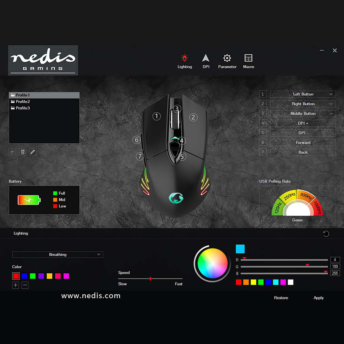 Mouse da gioco con illuminazione. Ha pulsanti e un'interfaccia di personalizzazione del colore su uno schermo.
