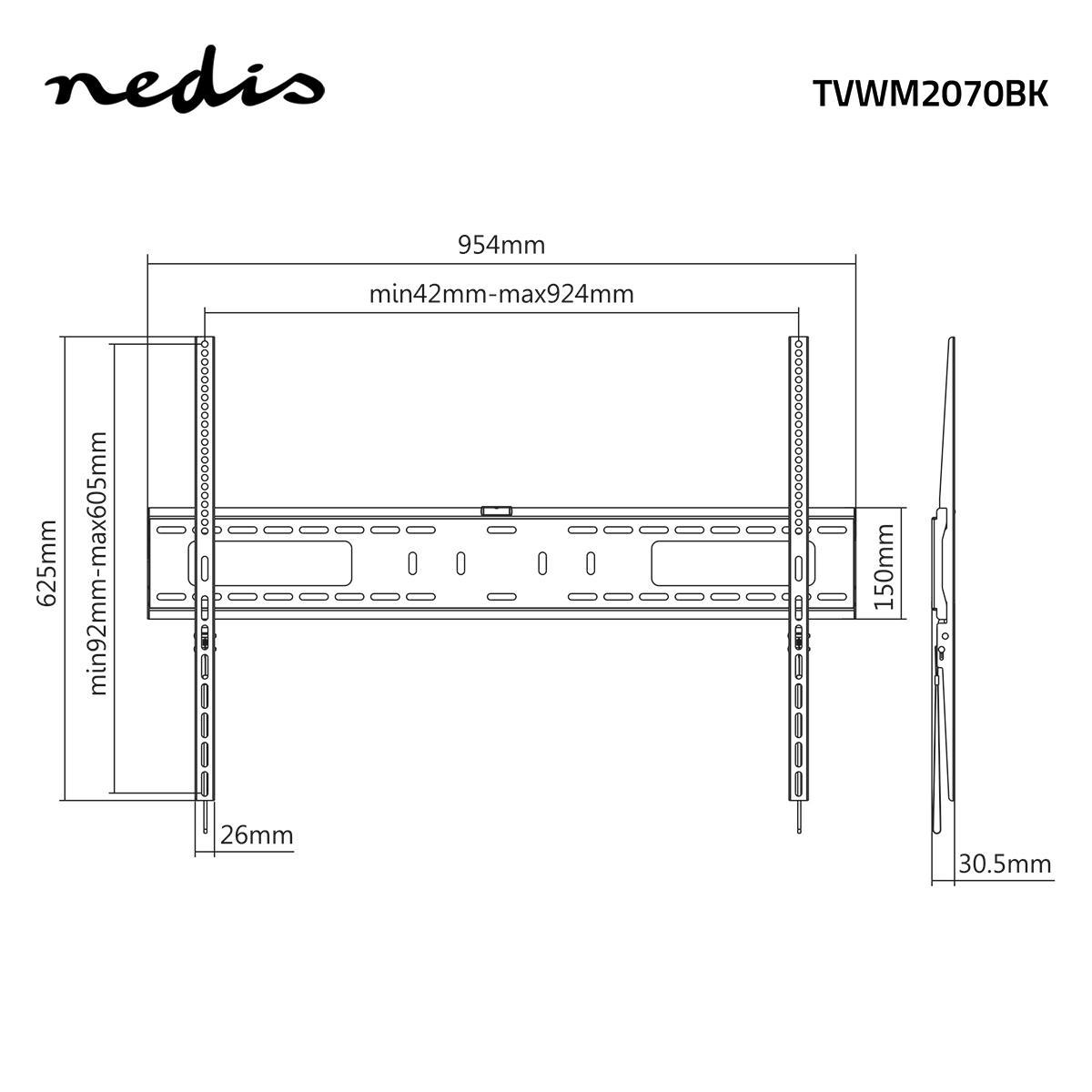 Un diagramma di un supporto a parete per TV. Mostra le dimensioni: 954 mm, 625 mm, 150 mm, 26 mm e 30,5 mm. Il marchio è Nedis.
