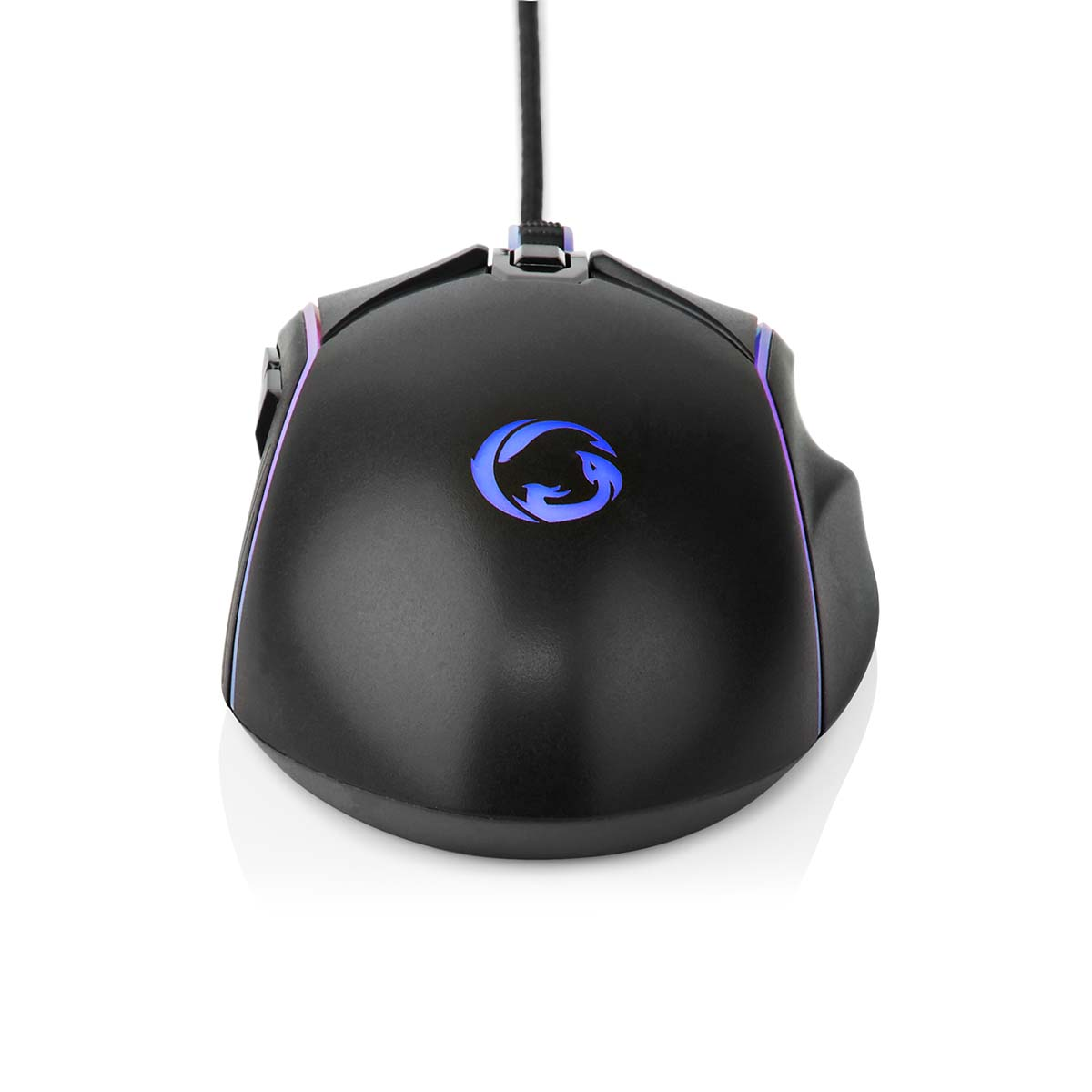Eine schwarze Gaming-Maus mit RGB-Beleuchtung, Logo und kabelgebundener Verbindung.