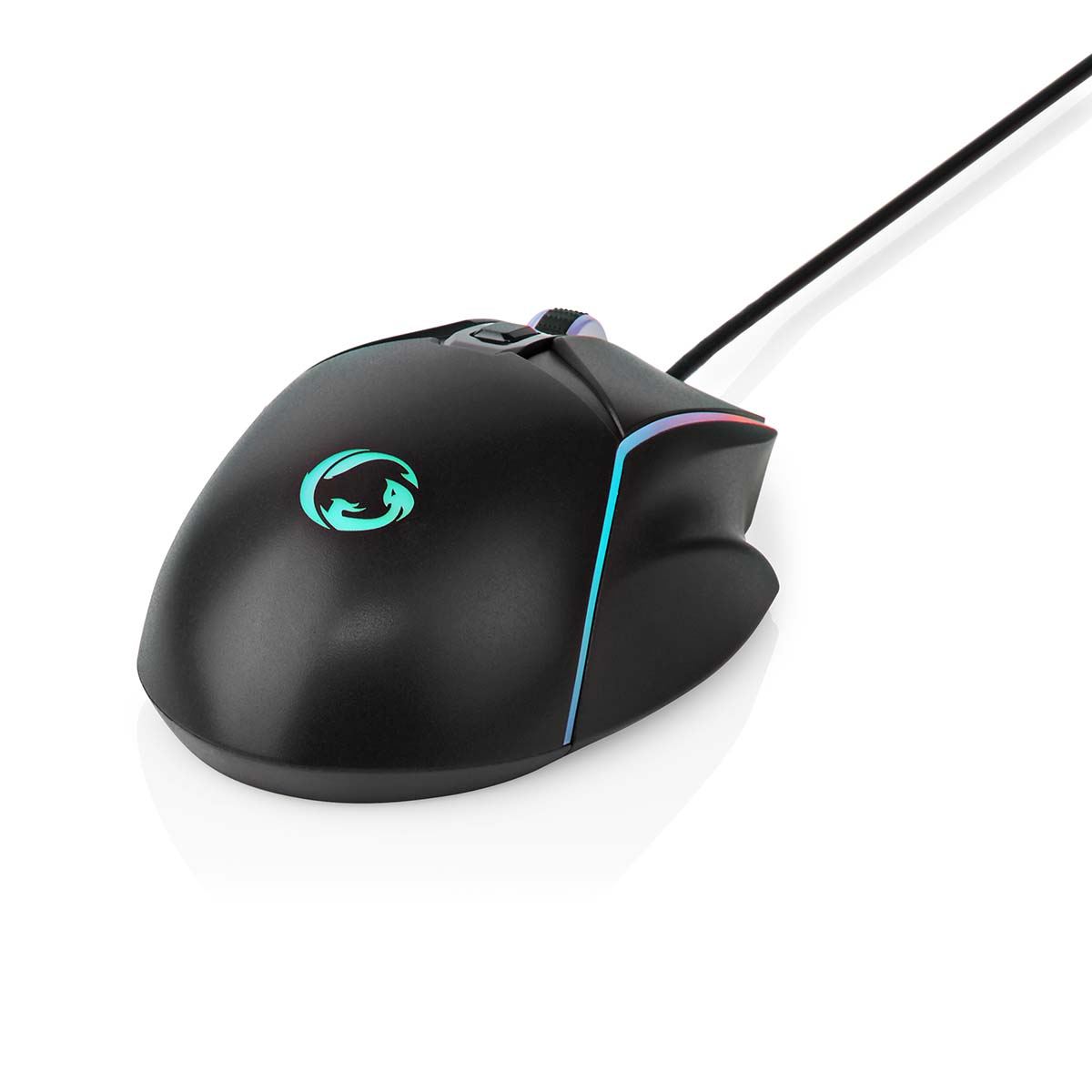 Schwarze Computermaus mit farbiger Beleuchtung an der Seite, mit Kabel.
