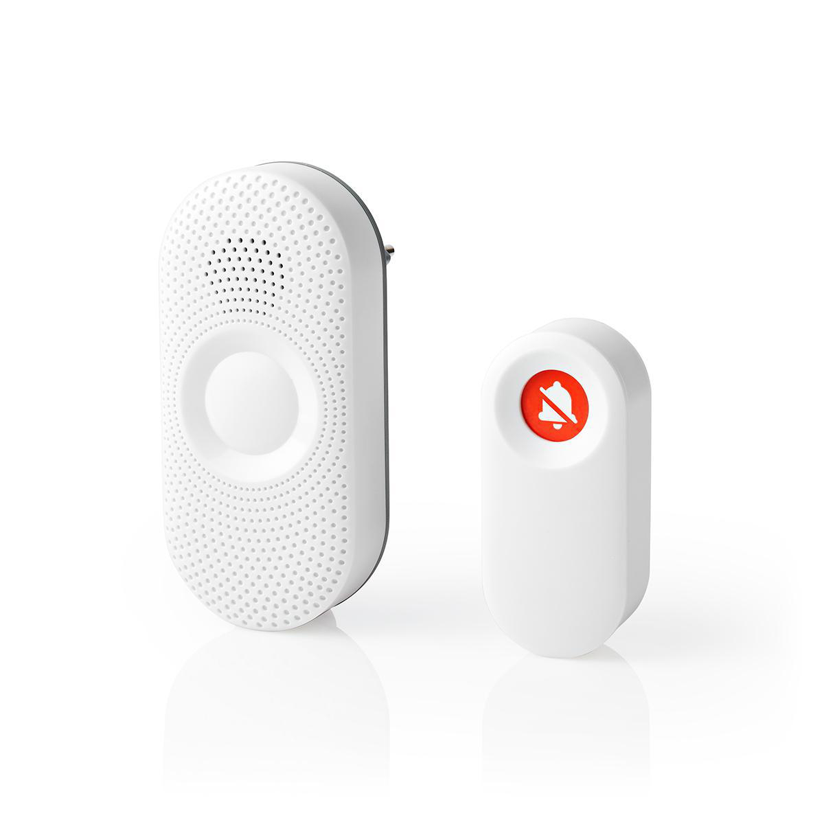 Timbre blanco con icono de campana roja. El juego incluye un receptor y un transmisor.
