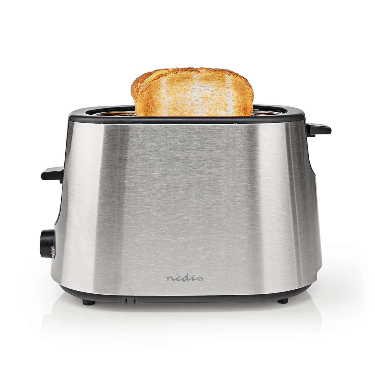 Ein Toaster aus Edelstahl mit zwei Toastscheiben darin, auf weißem Hintergrund.