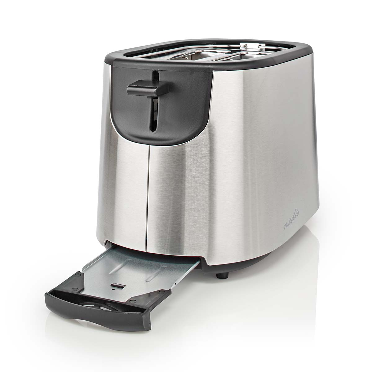Ein silberner Toaster mit schwarzem Griff und Krümelschublade.